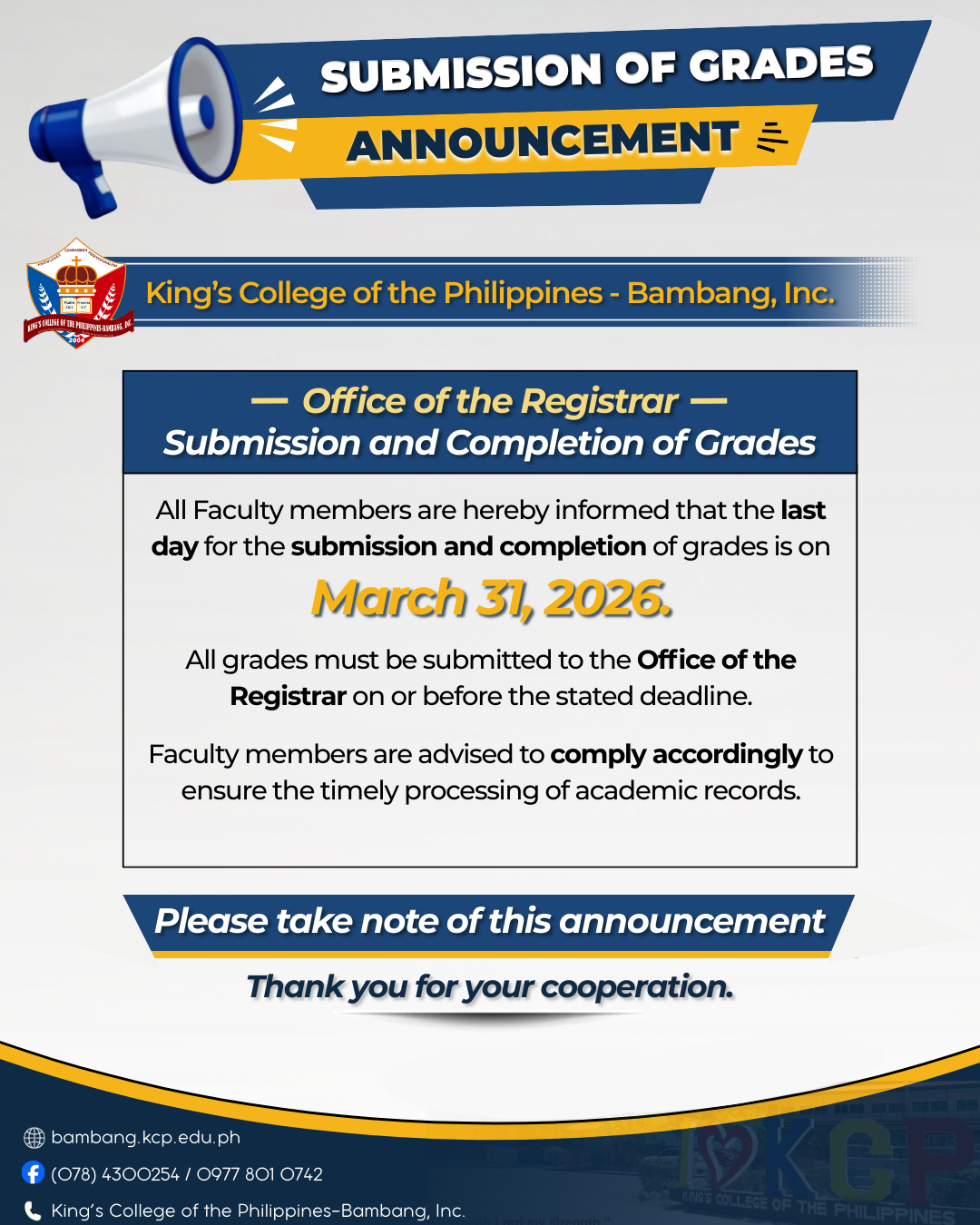 COMPLETION OF GRADES ANNOUNCEMENT