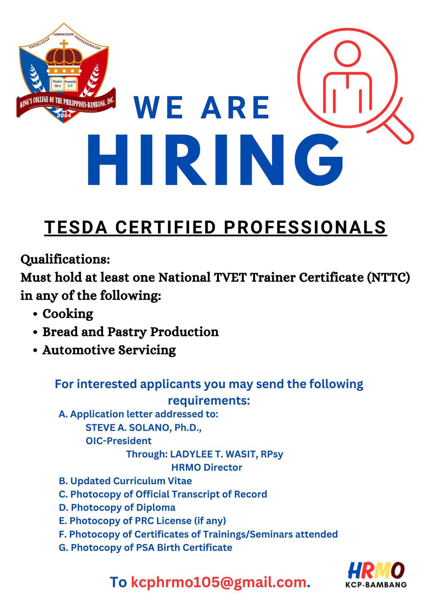 Hiring TESDA Certified Professional